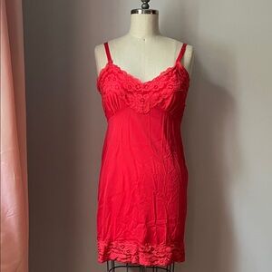 Vintage Red Lace & Nylon Slip Dress